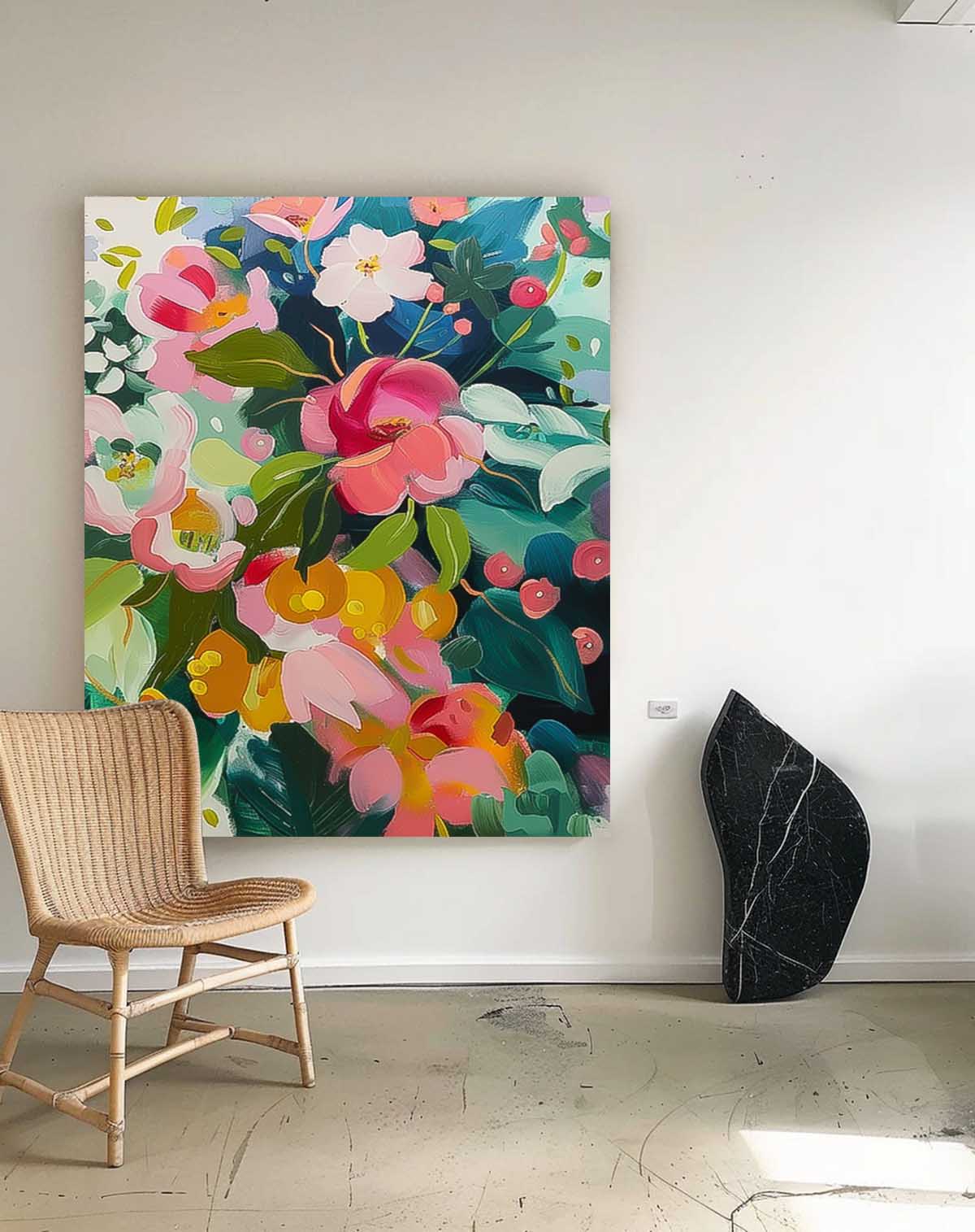 Abstract Flower Oil Painting on Canvas Large Original Watercolor Flowers Art Custom Painting Boho Wall Decor