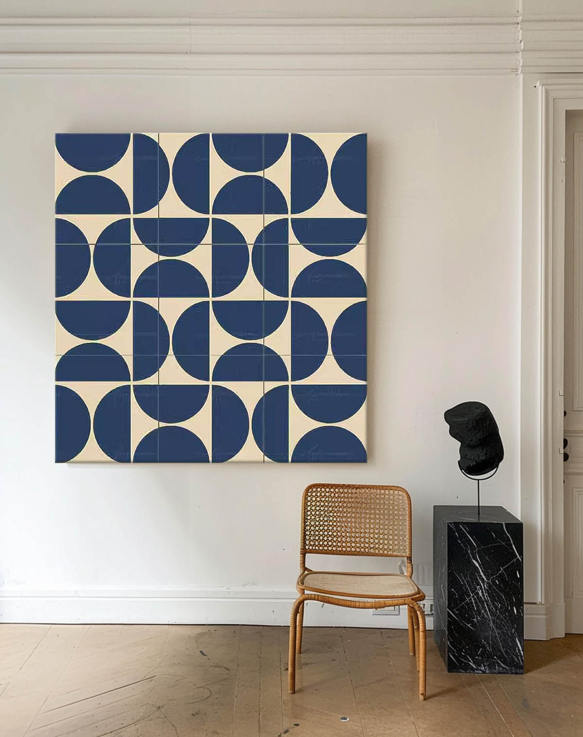 Blue Geometry Modern Minimalist Canvas Acrylic Painting Large Regular Semicircle Abstract Wall Art Framed
