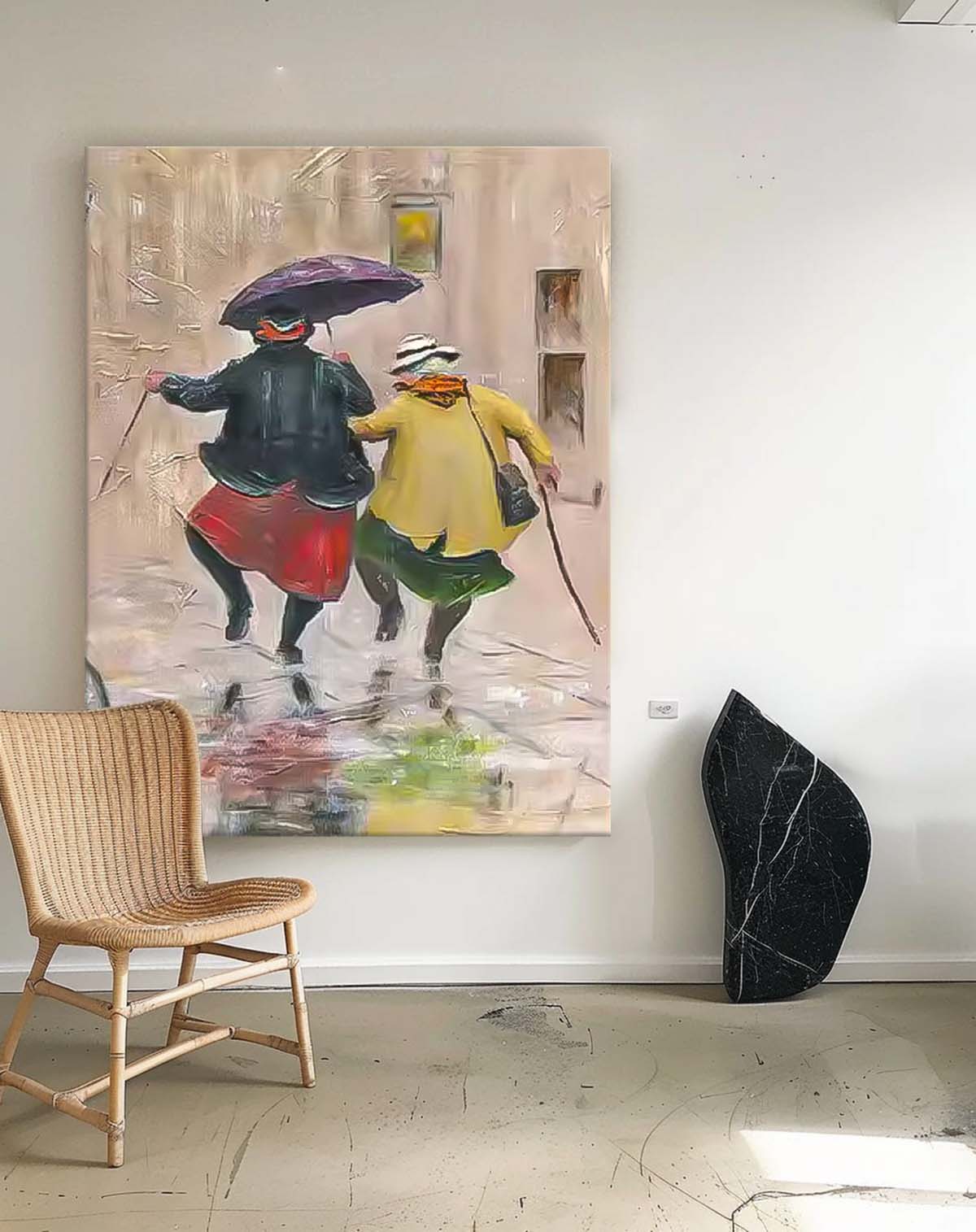 Rainy Day Cute Women Portrait Painting Original Humored Wall Art Interesting Medieval Style Art
