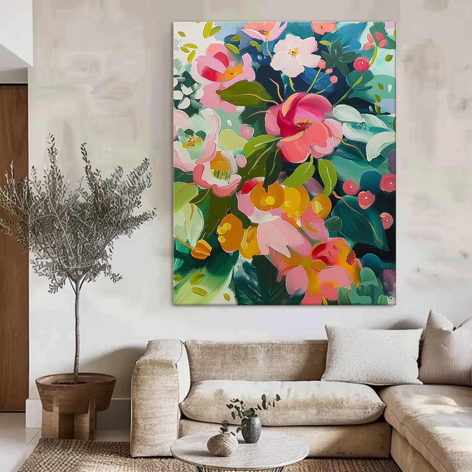 Abstract Flower Oil Painting on Canvas Large Original Watercolor Flowers Art Custom Painting Boho Wall Decor