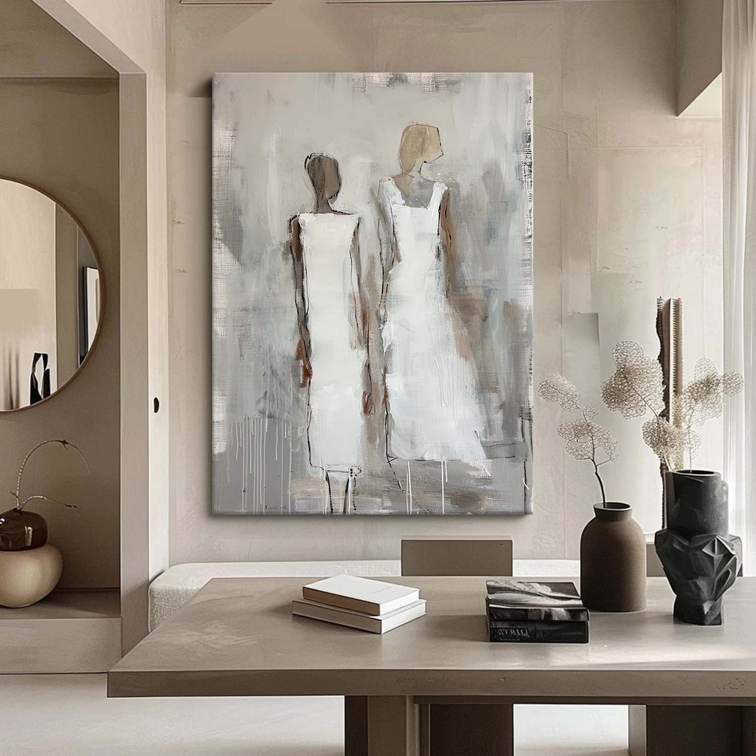 White Large Figure Painting Shadow Abstract Artwork Original Woman Silhouettes Wall Art For Living Room