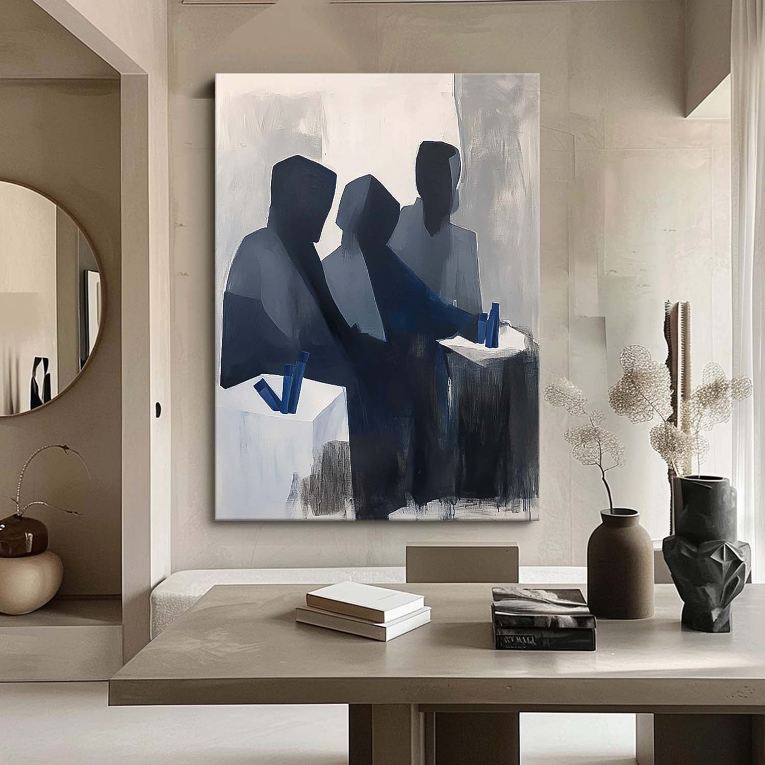 Modern Grey Minimal Abstract Painting Contemporary Gallery Wall Art Figure Neutral Wall Decor Line