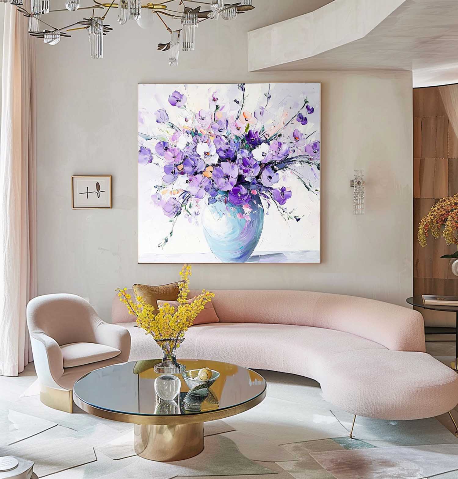 Original Exquisite Vase Art Large Purple Textured Flower Painting Modern Floral Wall Art For Living Room