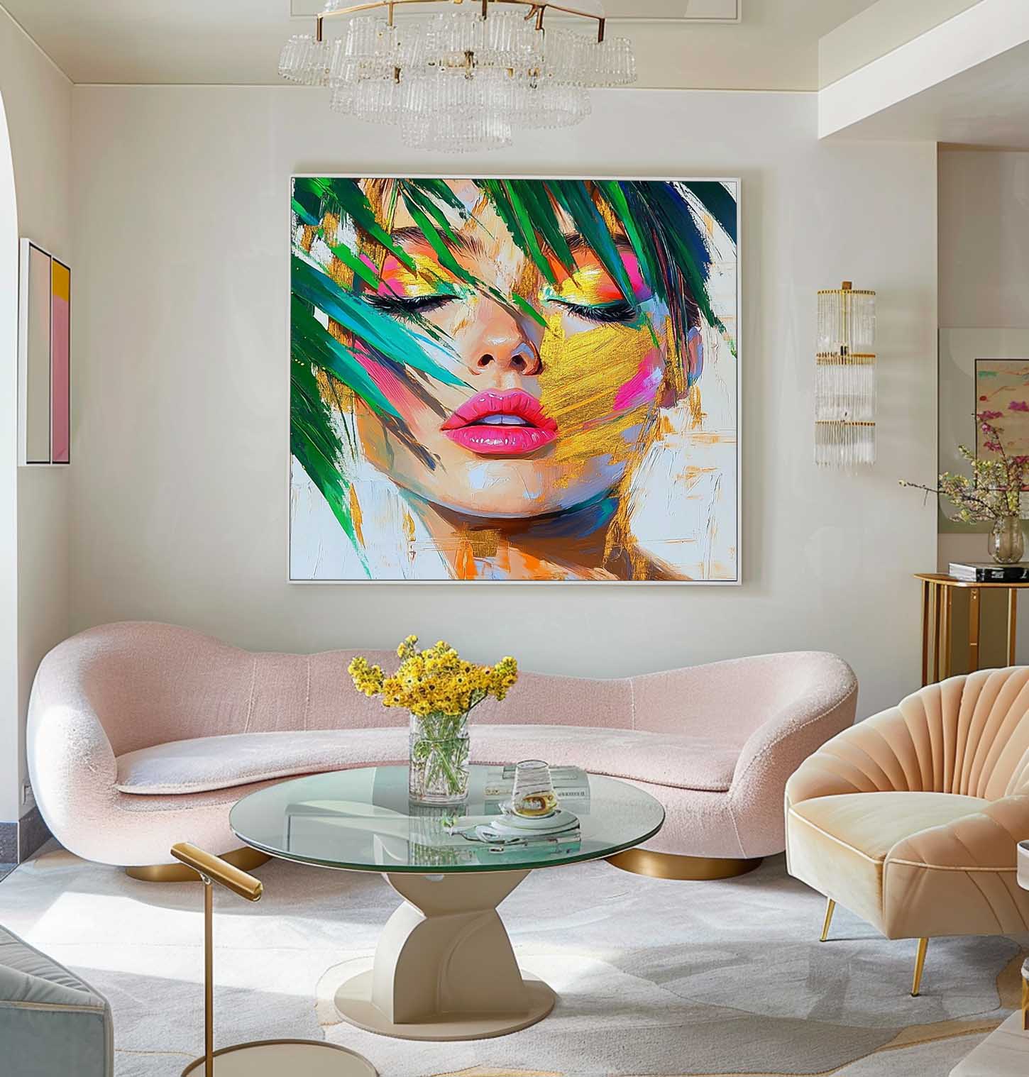 Beautiful Girl Abstract Wall Art Origina Lady Face Acrylic Painting Canvas Square Large Portrait Artwork