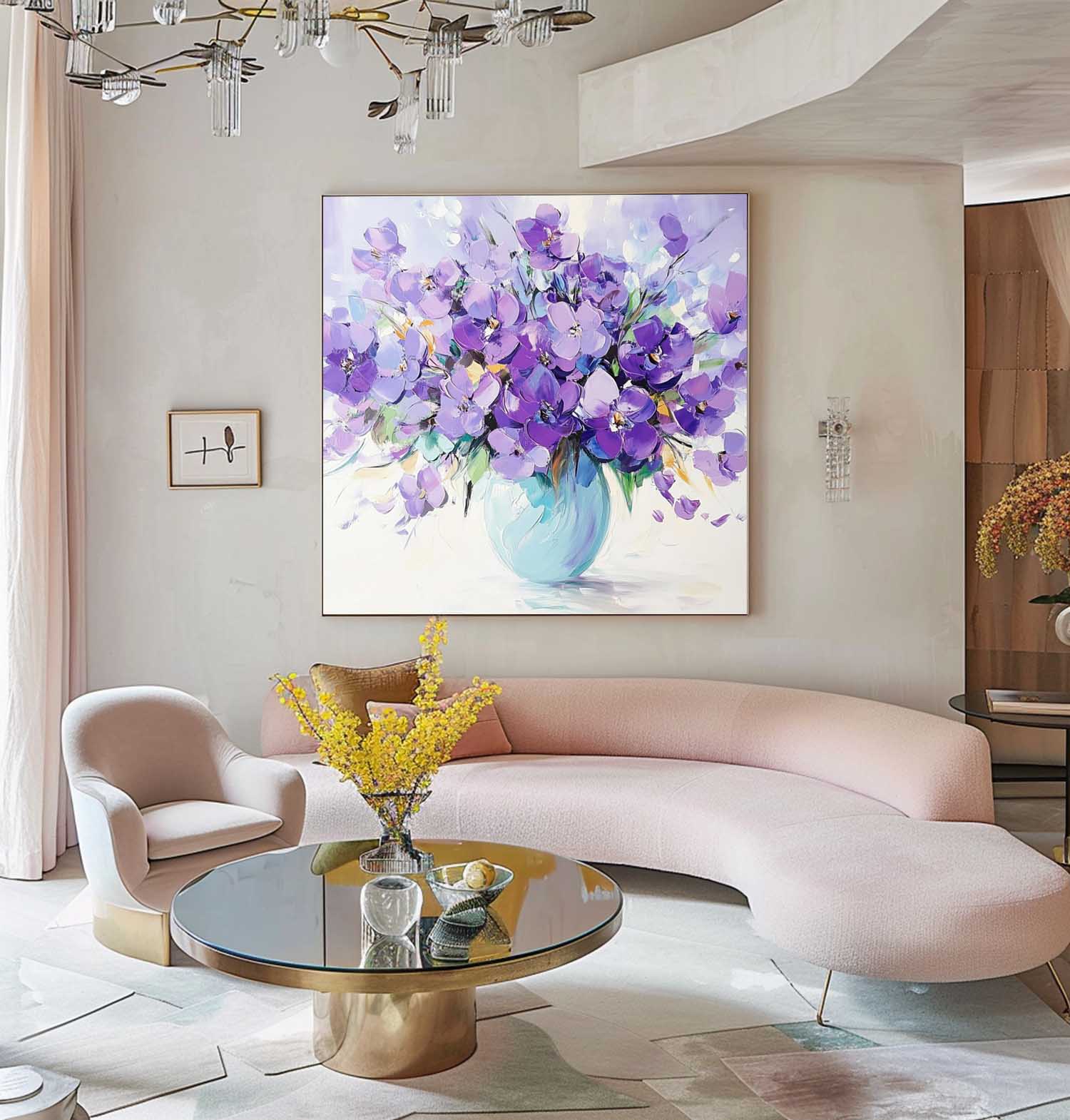 Large Purple Textured Flower Painting Modern Floral Wall Art Original Exquisite Vase Art For Living Room