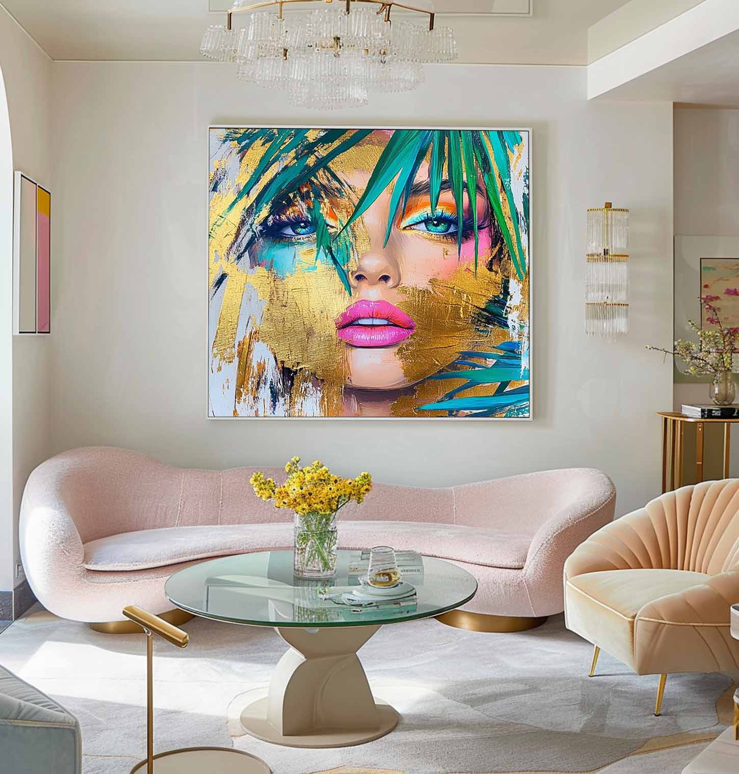 Origina Lady Face Acrylic Painting Canvas Gold Girl Abstract Wall Art Square Large Portrait Artwork