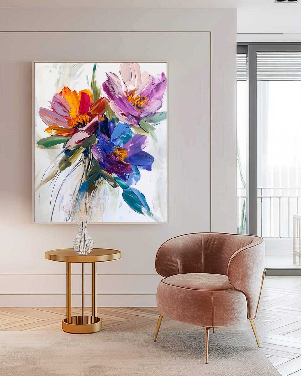Large Original Thick Texture Contemporary Flowers Artwork Abstract Colorful Flower Oil Painting on Canvas