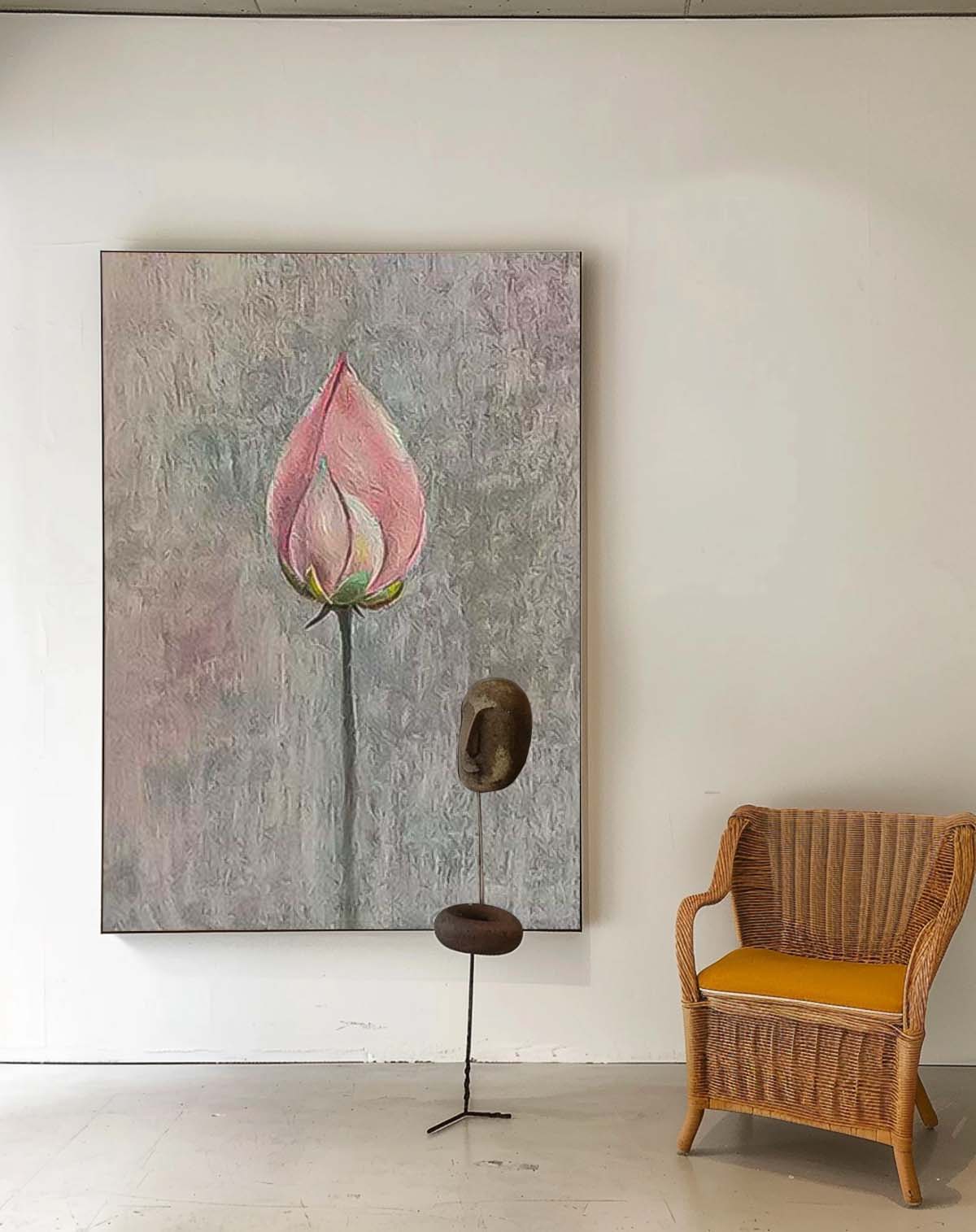 Lotus Bud Original Contemporary Flowers Artwork Abstract Grey And Pink Flower Oil Painting On Canvas