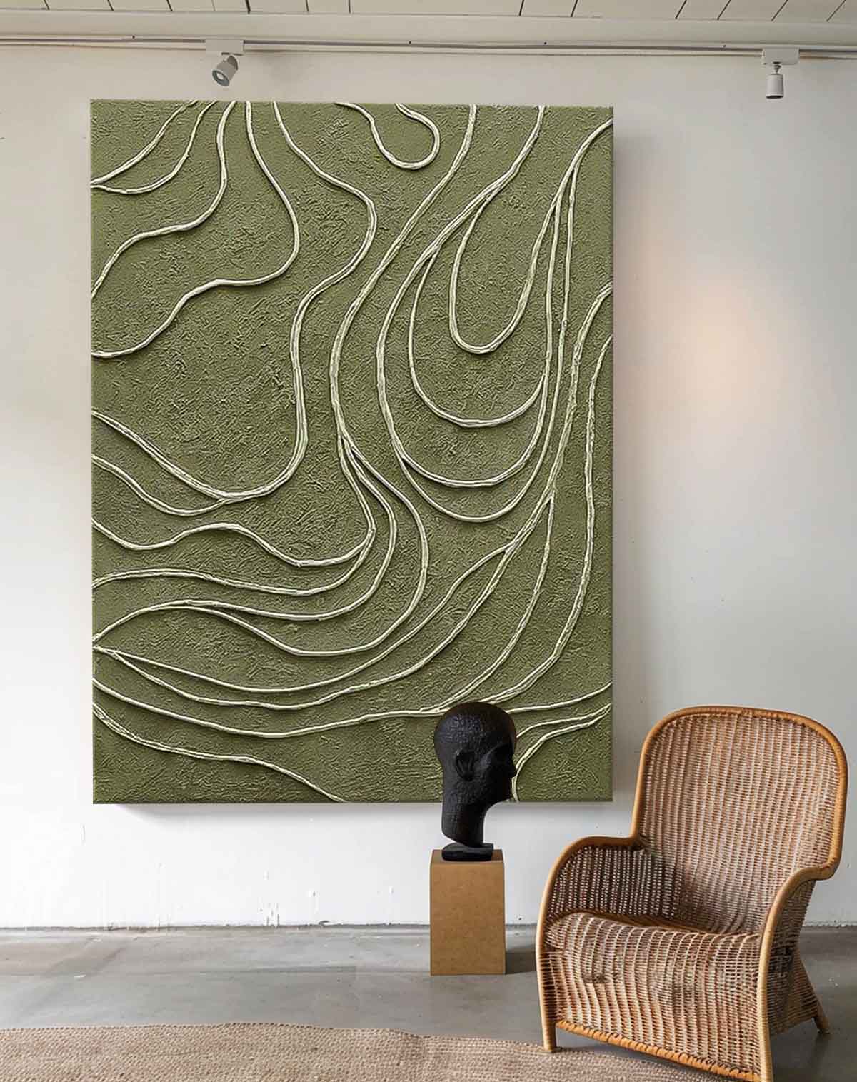 Original Hand-Painted Artwork Large Green Wall Art Minimalist lines Abstract Canvas Oil Painting