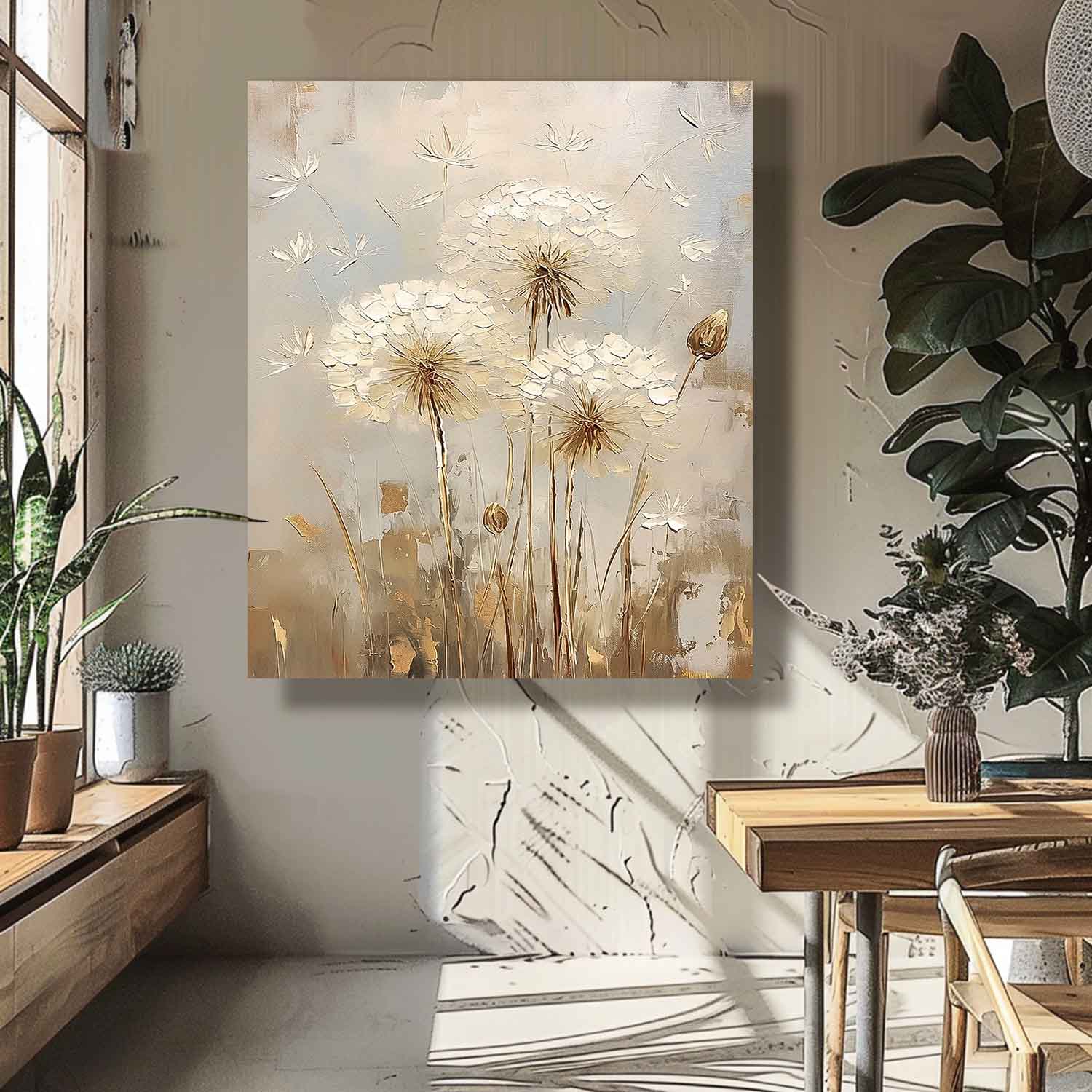 Abstract Flower Oil Painting on Canvas Delicate Dandelion Painting Wall Decor Large Original Texture Flowers Art