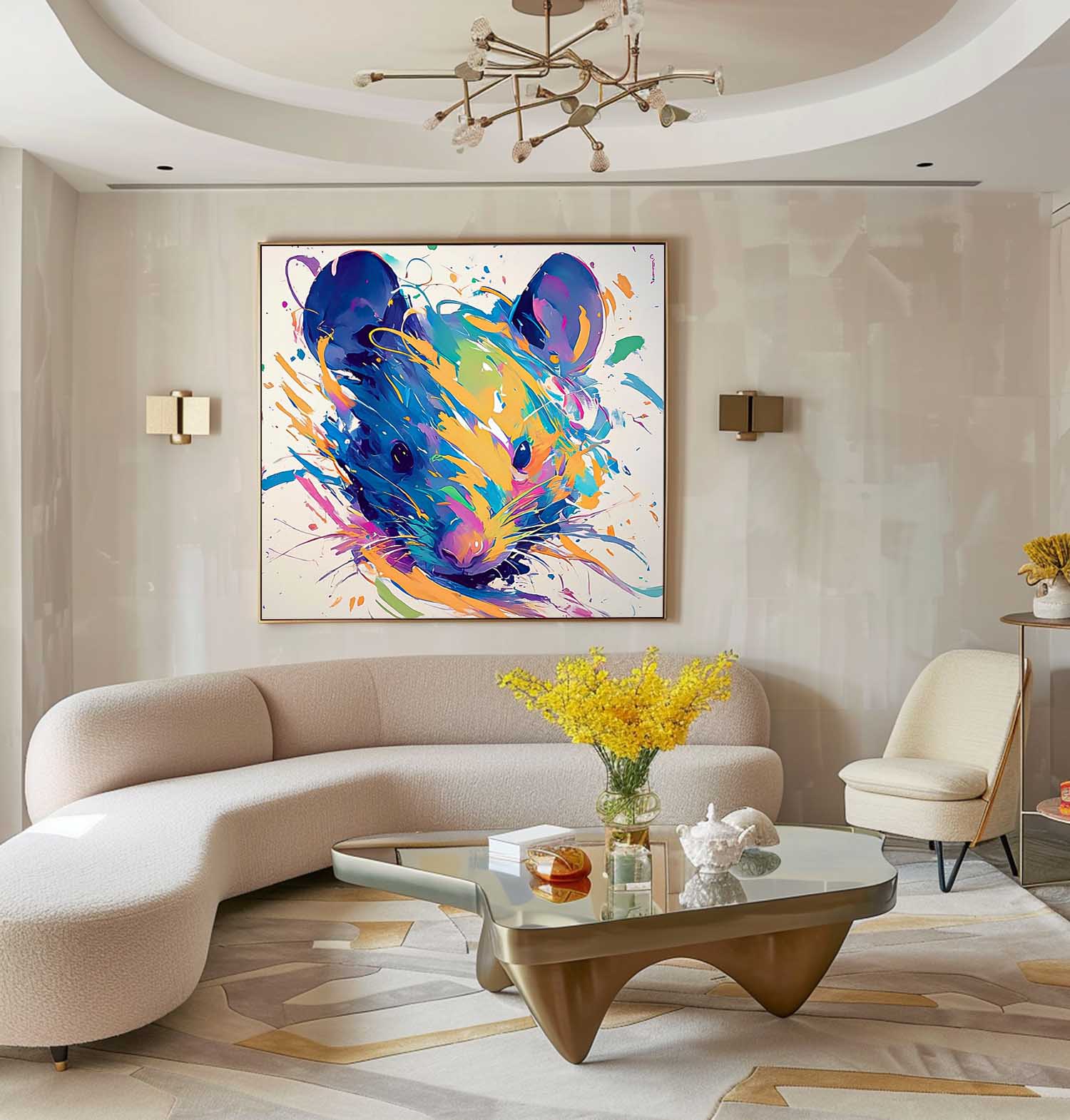 Original Lovely Rat Wall Art Square Mouse Oil Painting Canvas Large Colorful Animal Artwork Home Decor