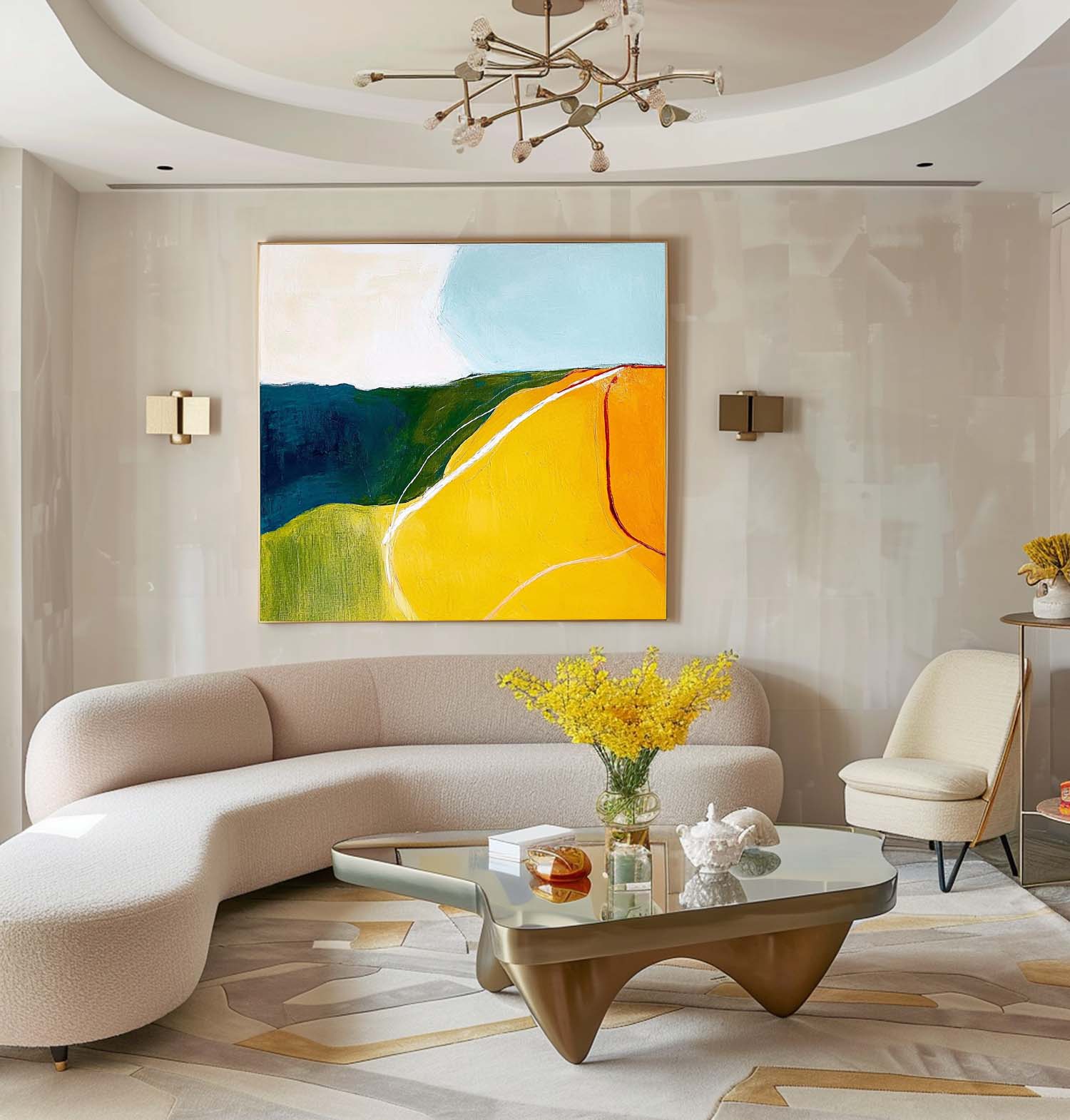 Original Minimalist Artwork Bright Yellow Large Wall Art Abstract Oil Painting For Living Room