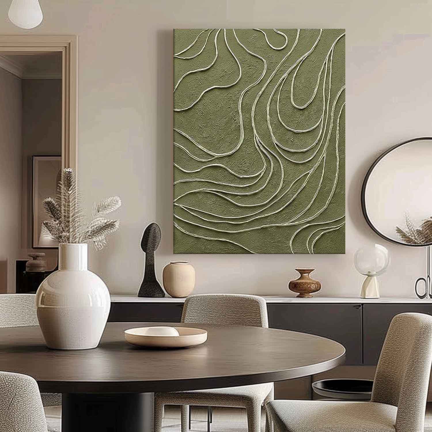 Original Hand-Painted Artwork Large Green Wall Art Minimalist lines Abstract Canvas Oil Painting