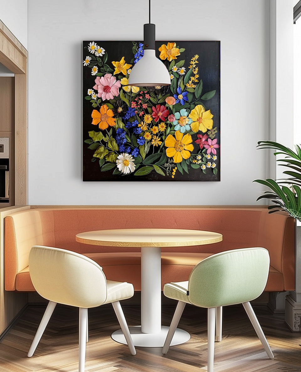 Thick Texture Floral Acrylic Painting Cute Flowers On Black Background Contemporary 3d Wall Art For Sale