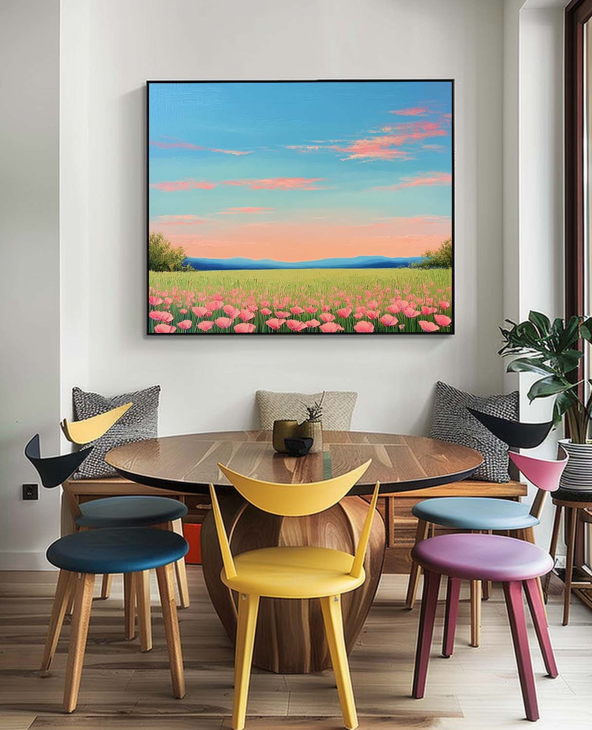 Wildflower Field Landscape Oil Painting Sunset Scenery painting Muted Country Field Wall Art Nature Artwork
