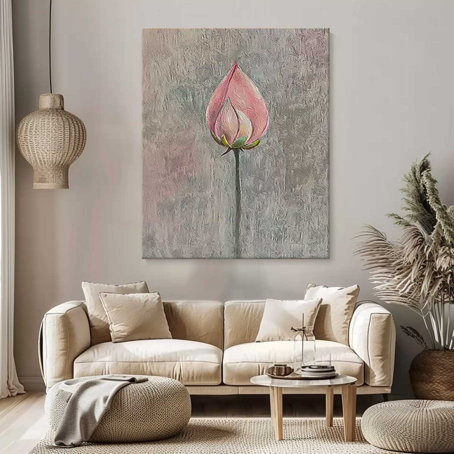 Lotus Bud Original Contemporary Flowers Artwork Abstract Grey And Pink Flower Oil Painting On Canvas