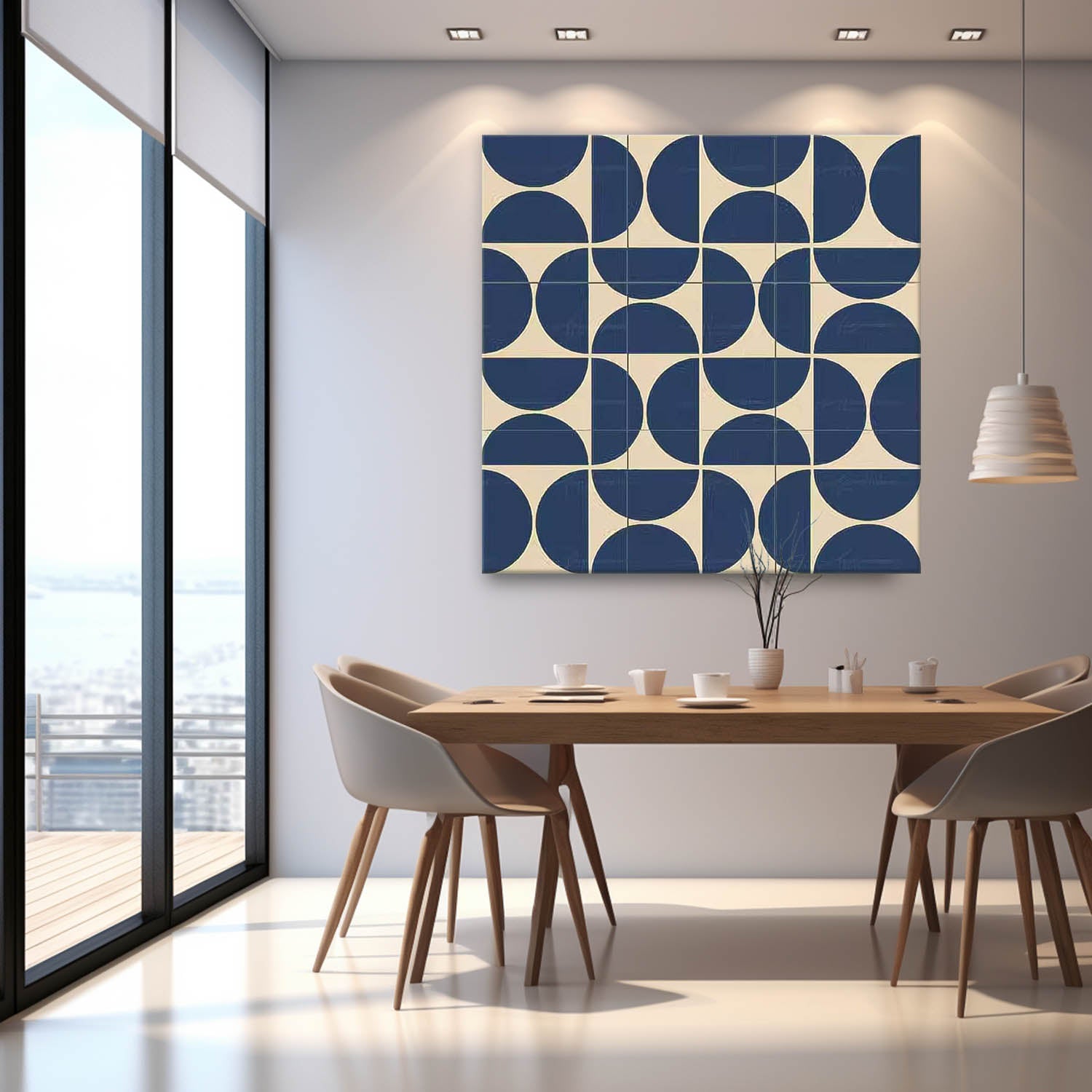 Blue Geometry Modern Minimalist Canvas Acrylic Painting Large Regular Semicircle Abstract Wall Art Framed