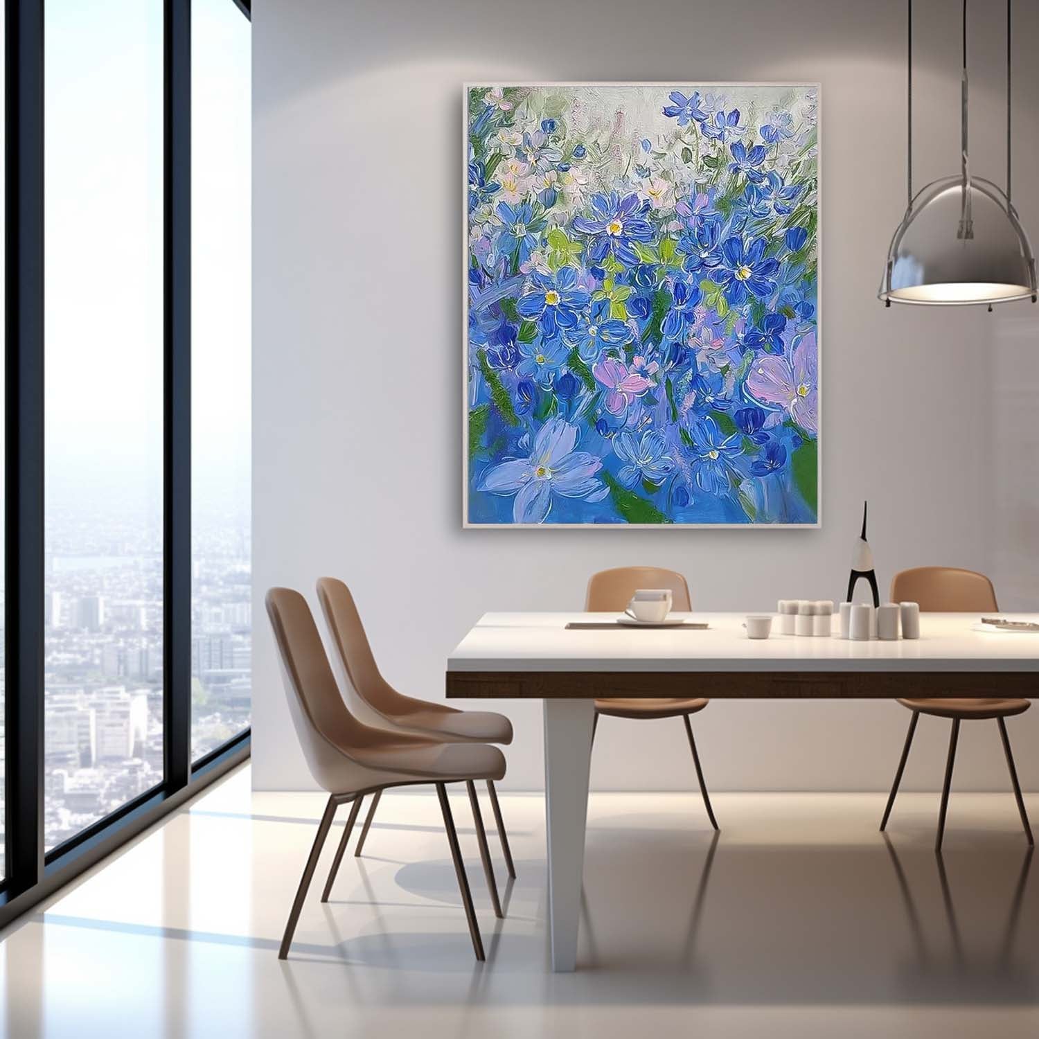 Modern Blue Purple Flower Wall Art Abstract Acrylic Painting On Canvas Large Enchanting Floral Artwork