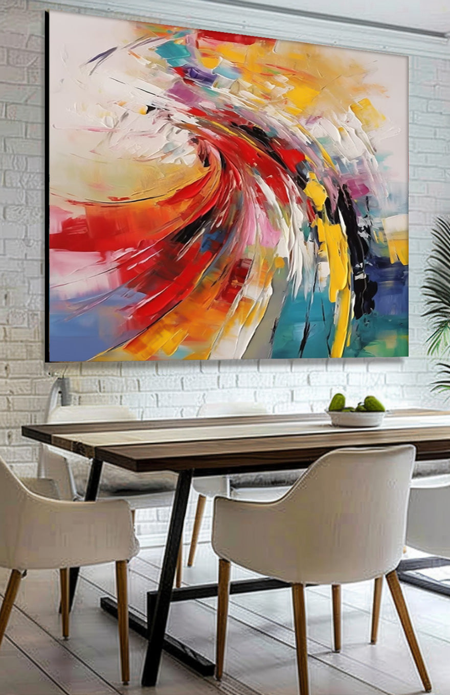 Bright Modern Abstract Canvas Painting Big Texture Colorful Abstract Wall Art Framed For Living Room
