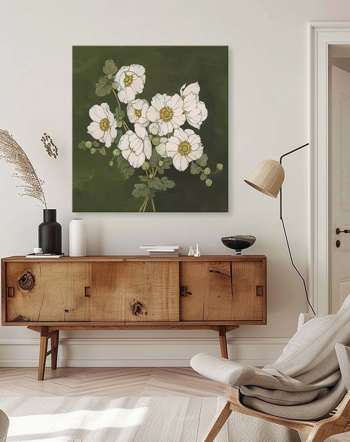 Large Abstract Daisy Flowers Paintings Square Contemporary Flower Paintings Wall Art Green Artwork