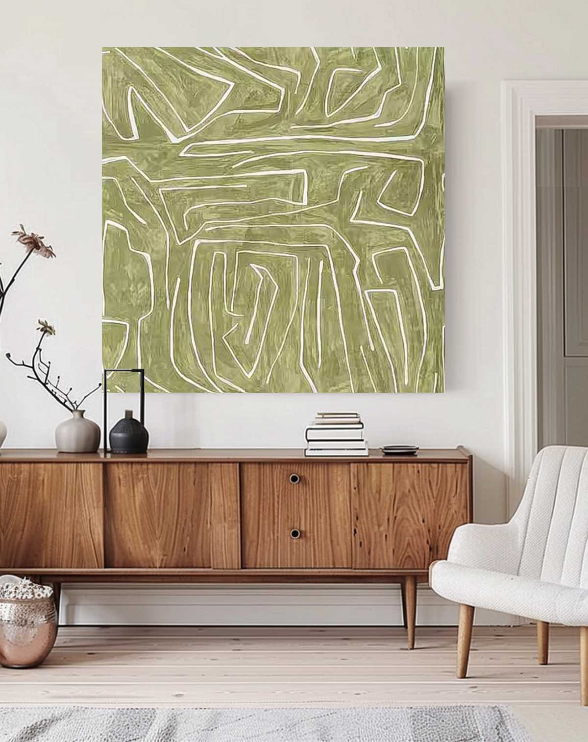 Modern Minimalist Line Canvas Painting Acrylic Large Green Abstract Wall Art Framed For Living Room