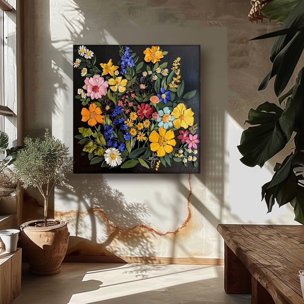 Thick Texture Floral Acrylic Painting Cute Flowers On Black Background Contemporary 3d Wall Art For Sale