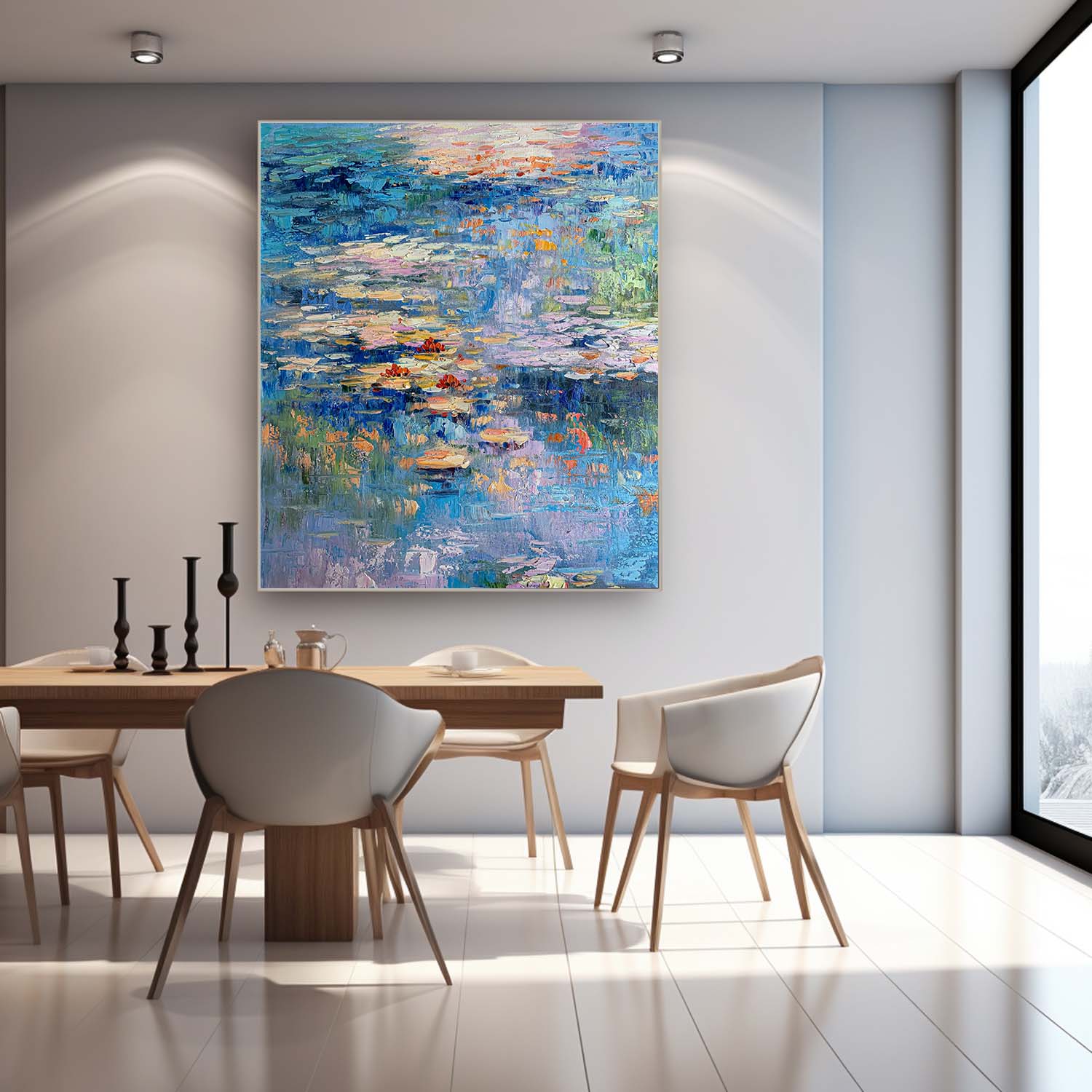 Flowers On The Lake Textured Abstract Wall Art Impressionism River Abstract Painting Framed Home Decor