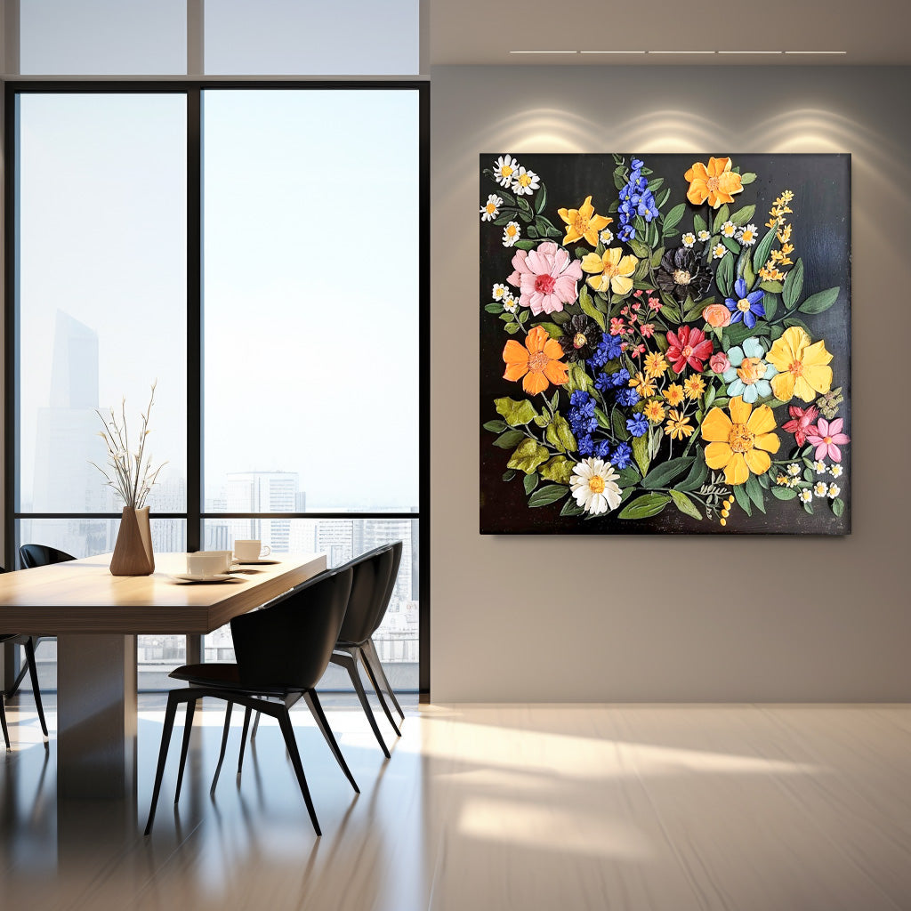 Thick Texture Floral Acrylic Painting Cute Flowers On Black Background Contemporary 3d Wall Art For Sale