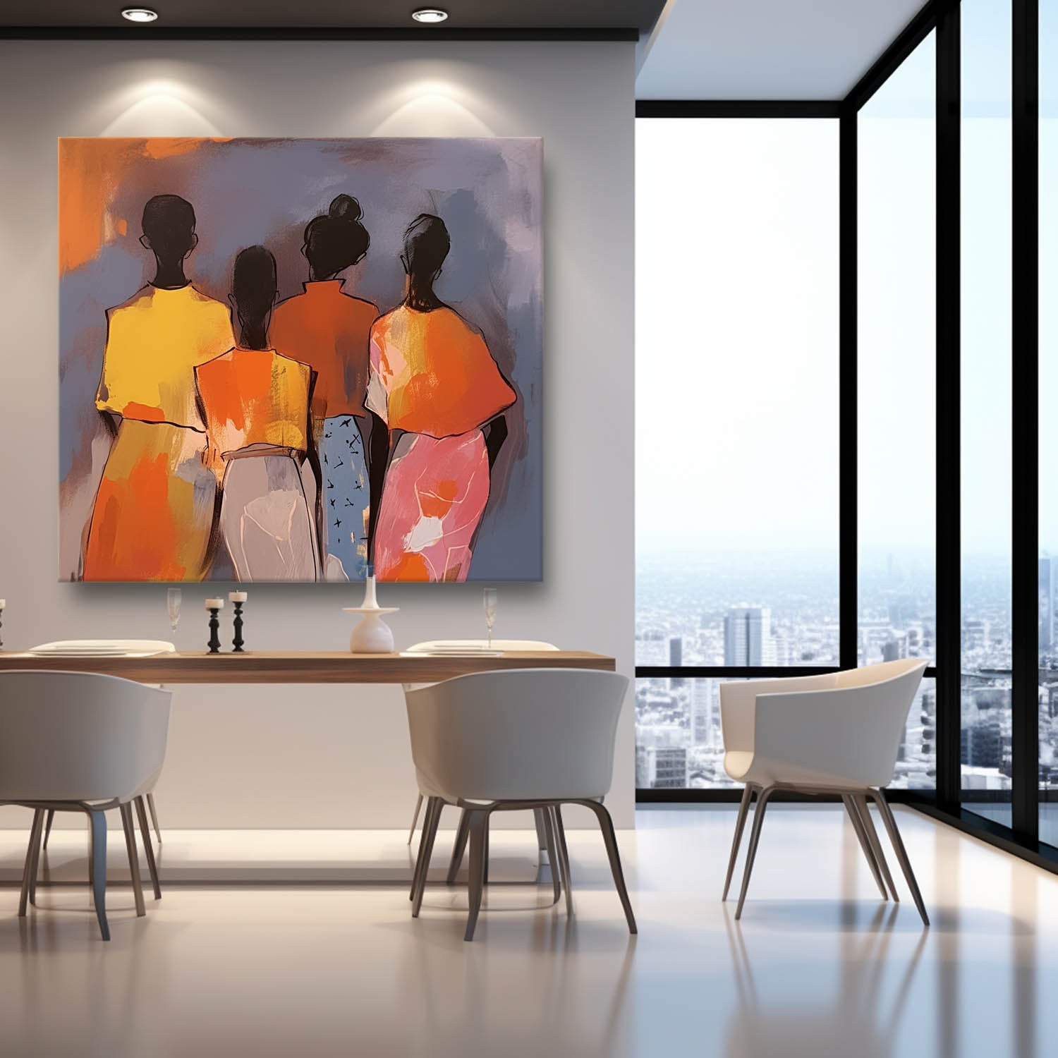 Warm Colors Four people's backs Wall Art Original Beautiful Painting Canvas Large Square Artwork Home Decor