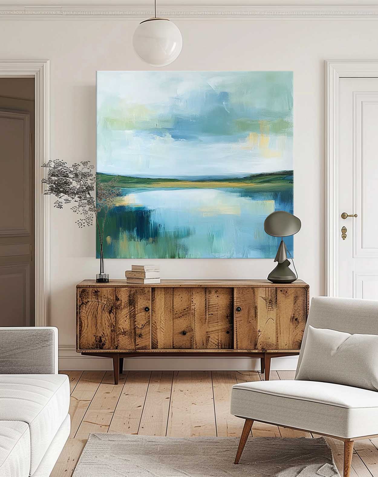 Green Countryside Landscape Artwork Large Blue Texture Wall Art Framed Abstract Lake Landscape Oil Painting
