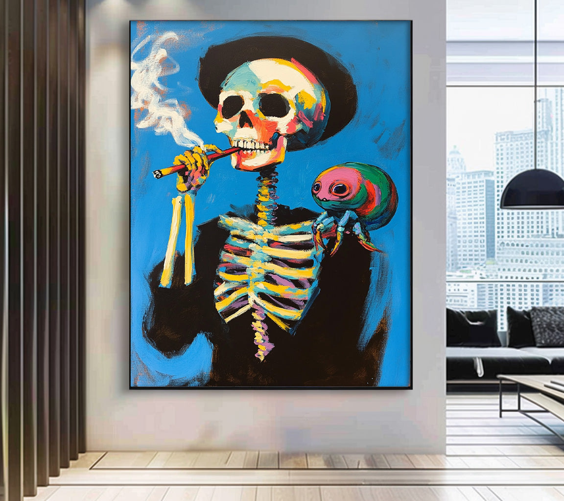 Large Acrylic Painting Framed Lovely Skeleton Painting Colorful Original Abstract Wall Art Unique Home Decor