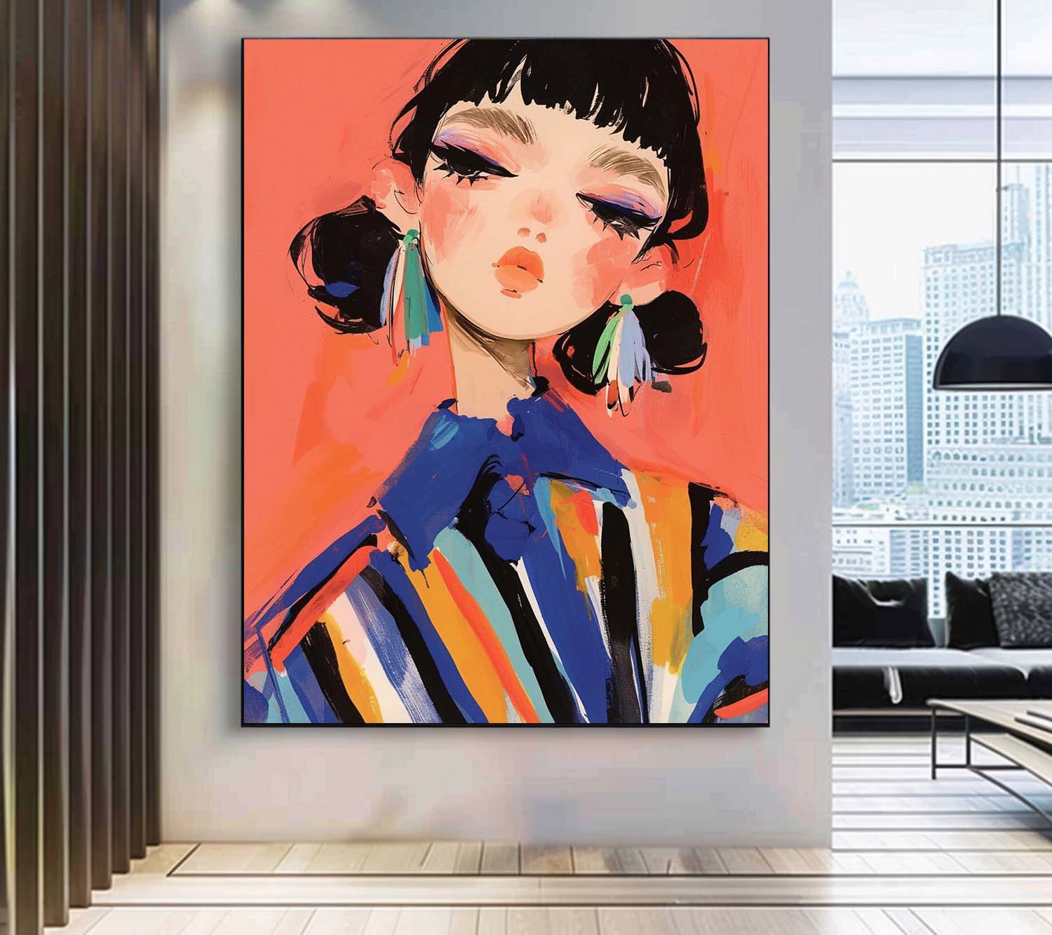 Cute Girl Original Abstract Wall Art Big Fgure Acrylic Painting Cartoon Character Painting Framed Artwork