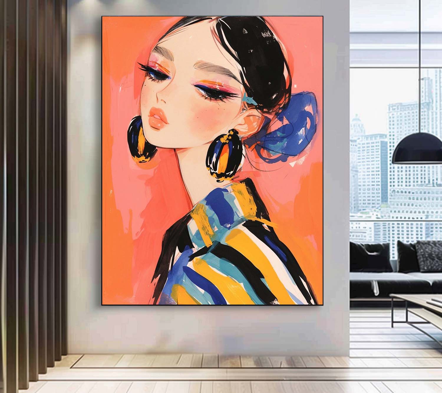 Cartoon Character Painting Framed Artwork Large Fgure Acrylic Painting Cute Girl Original Abstract Wall Art