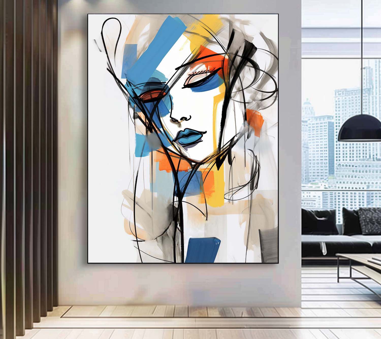 Abstract Lines Character Painting Framed Artwork Large Figure Acrylic Painting Original Color Minimalism Wall Art