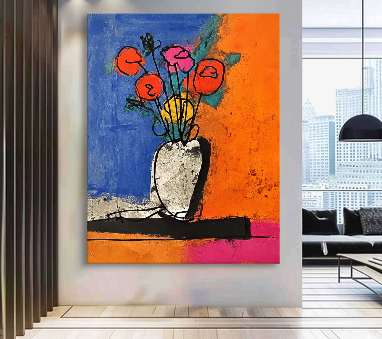 Jardiniere Painting Wall Art Large Colorful Flower Abstract Painting Canvas Original Artwork Decor