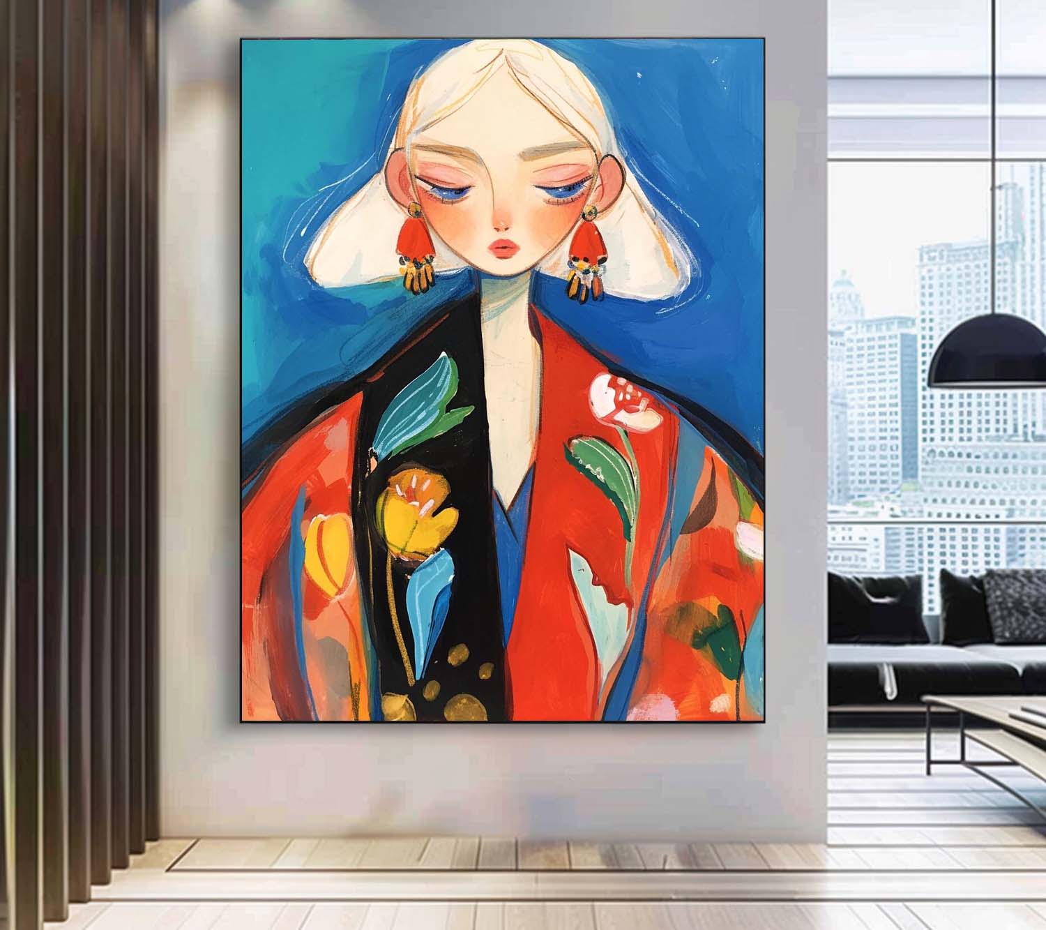 Large Fgure Acrylic Painting Cute Girl Original Abstract Wall Art Cartoon Character Painting Framed Artwork
