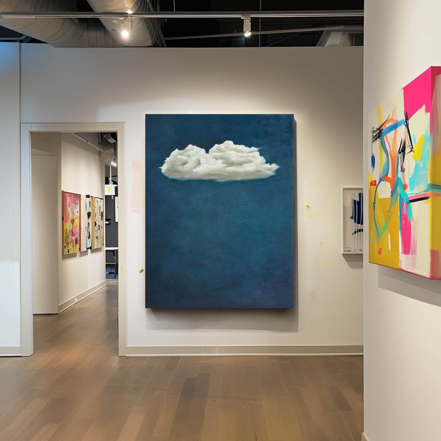 Original Hand-Painted Artwork Large Blue Wall Art Minimalist White Clouds Abstract Canvas Oil Painting