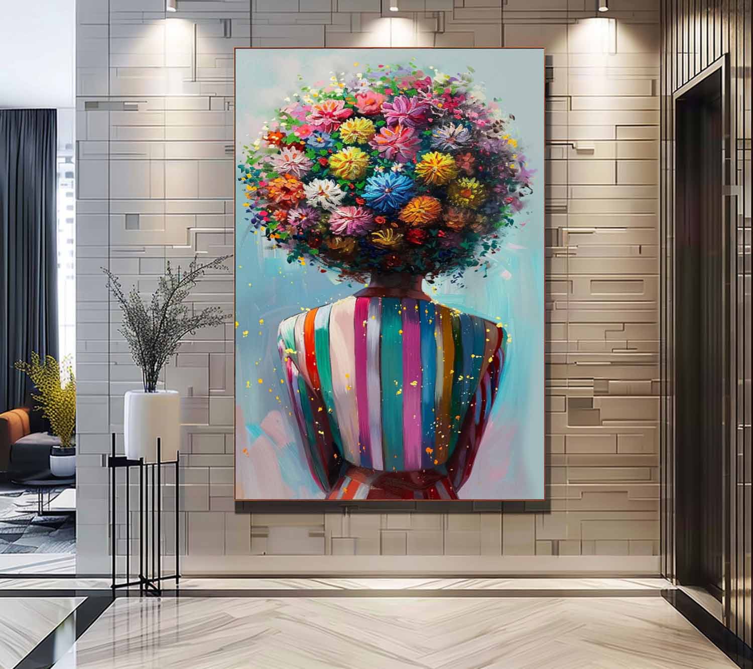 Original Figure Back Acrylic Painting Large Texture Abstract Colorful Flower Human Wall Art Portrait Artwork