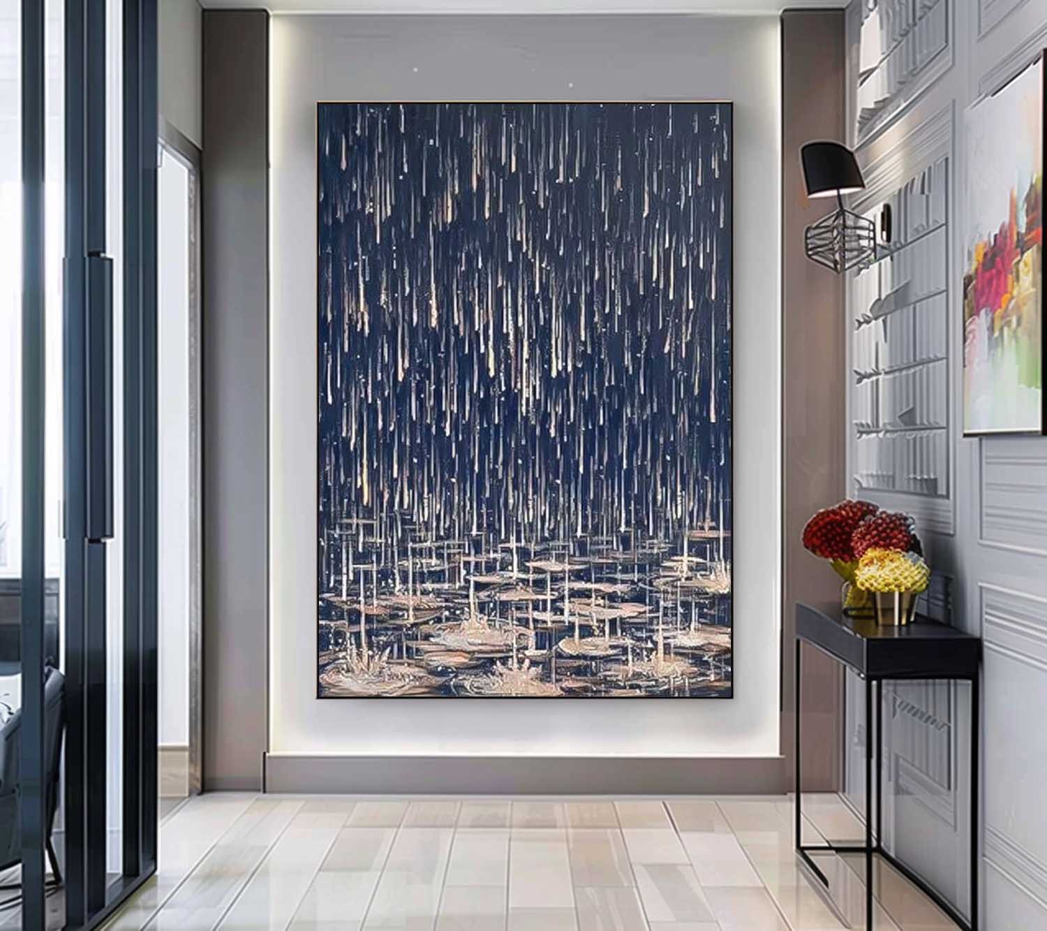 Realism Rain Abstract Wall Art Large Contemporary Raindrop Abstract Landscape Acrylic Painting On Canvas
