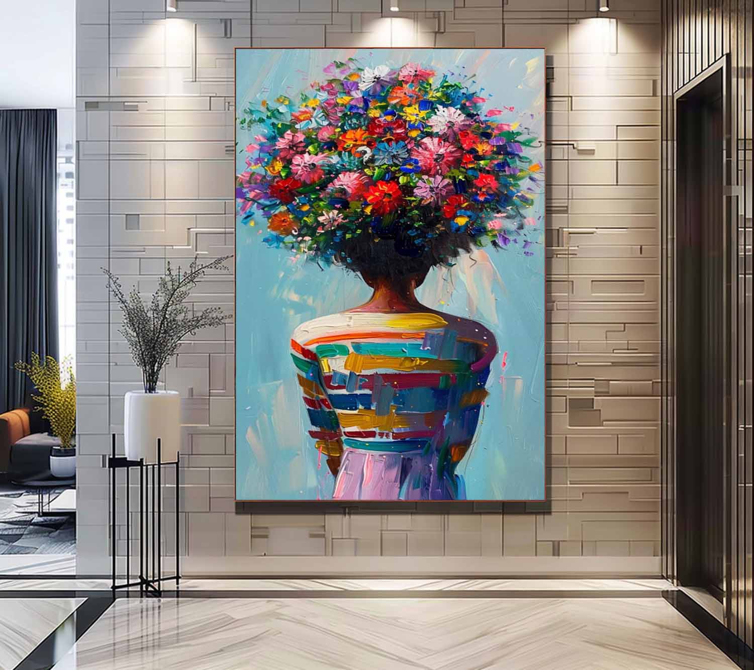 Large Texture Abstract Colorful Flower Human Wall Art Original Figure Back Acrylic Painting Portrait Artwork