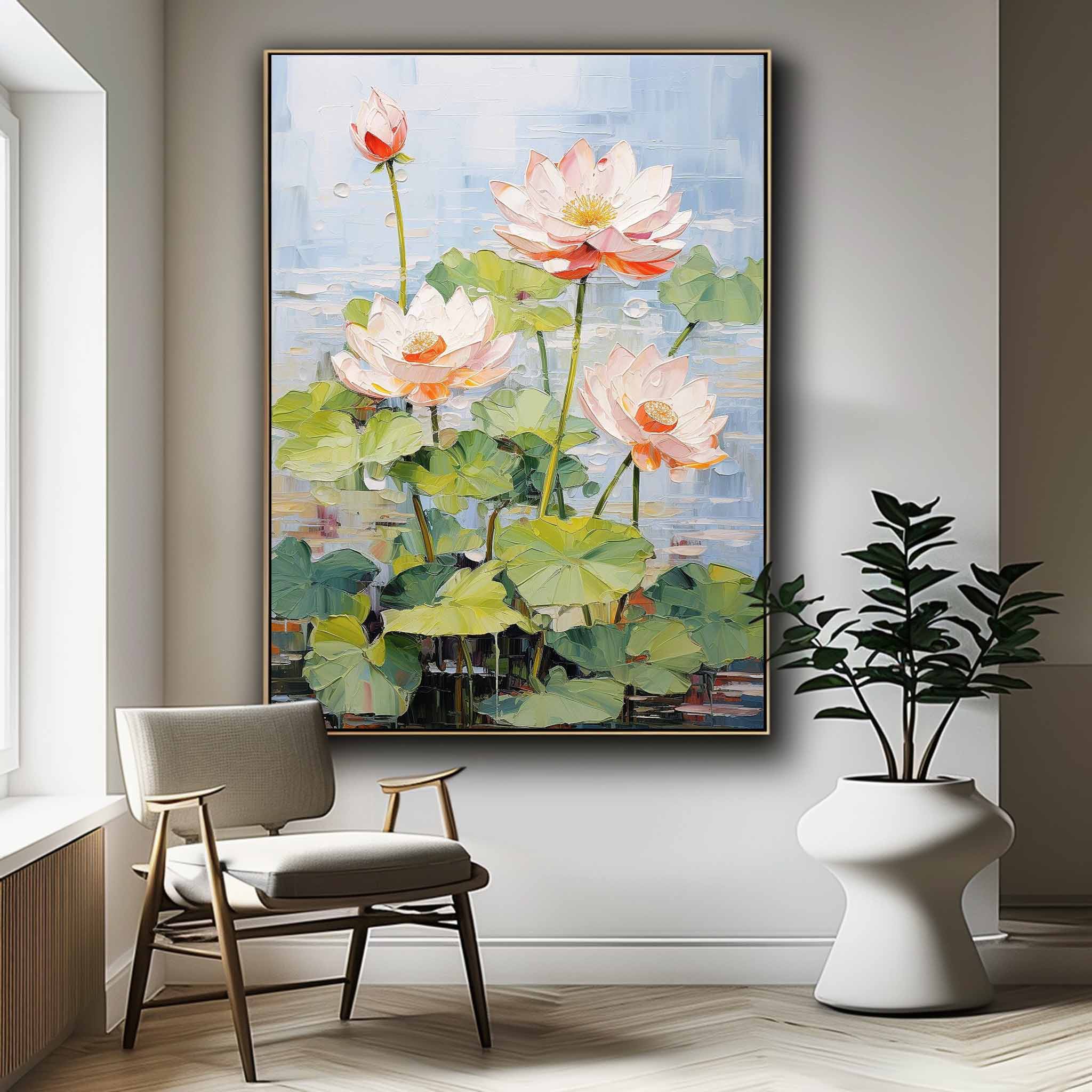 Large 3D Floral Textured Abstract Acrylic Wall Art Impressionism Pink Lotus Flowers Painting Framed For Sale