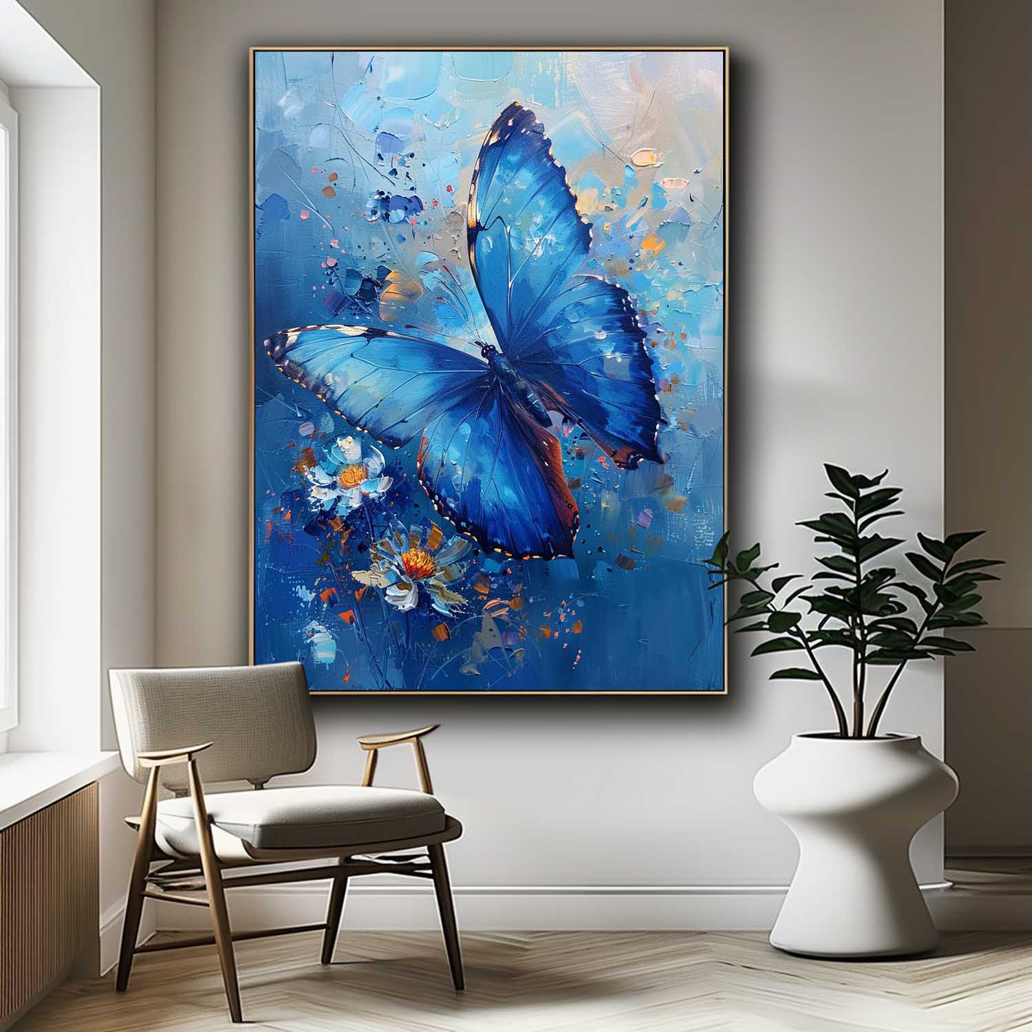 Impressionist Butterfly Wall Art Blue Oil Painting Modern Texture Oil Painting Original Artwork Decor