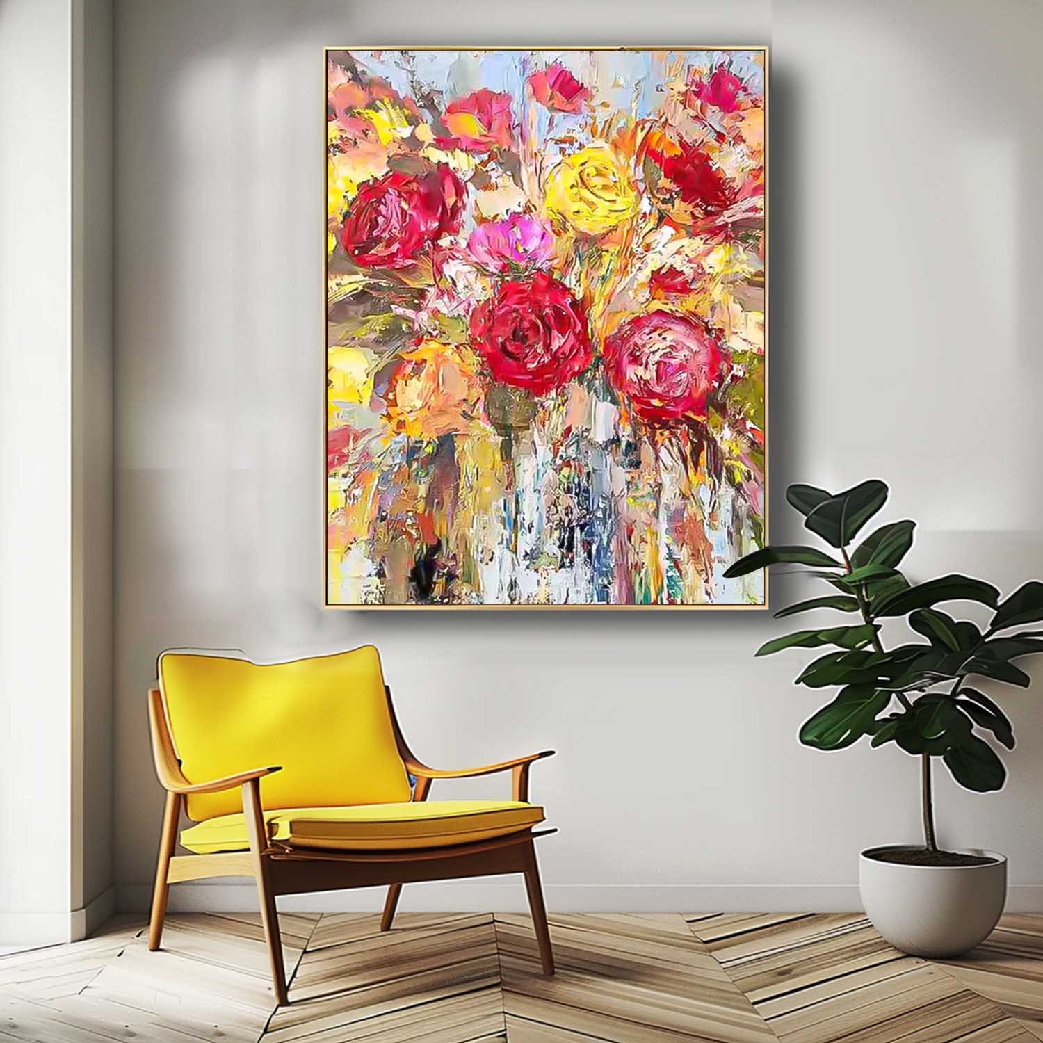 Affordable Abstract Yellow And Red Roses Acrylic  Painting On Canvas Contemporary Wall Art For Living Room