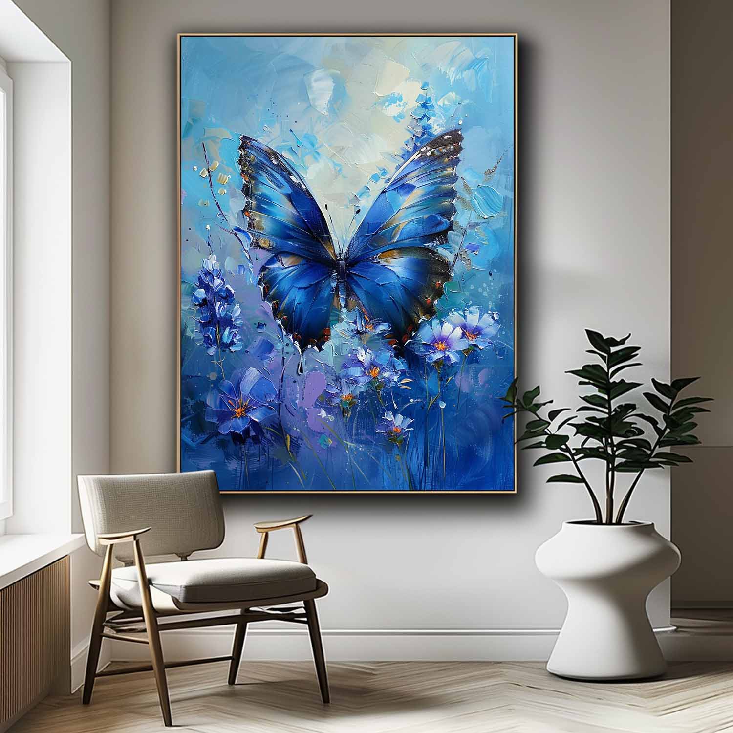 Modern Texture Oil Painting Framed Original Artwork Impressionist Lovely Butterfly Wall Art Blue Oil Painting
