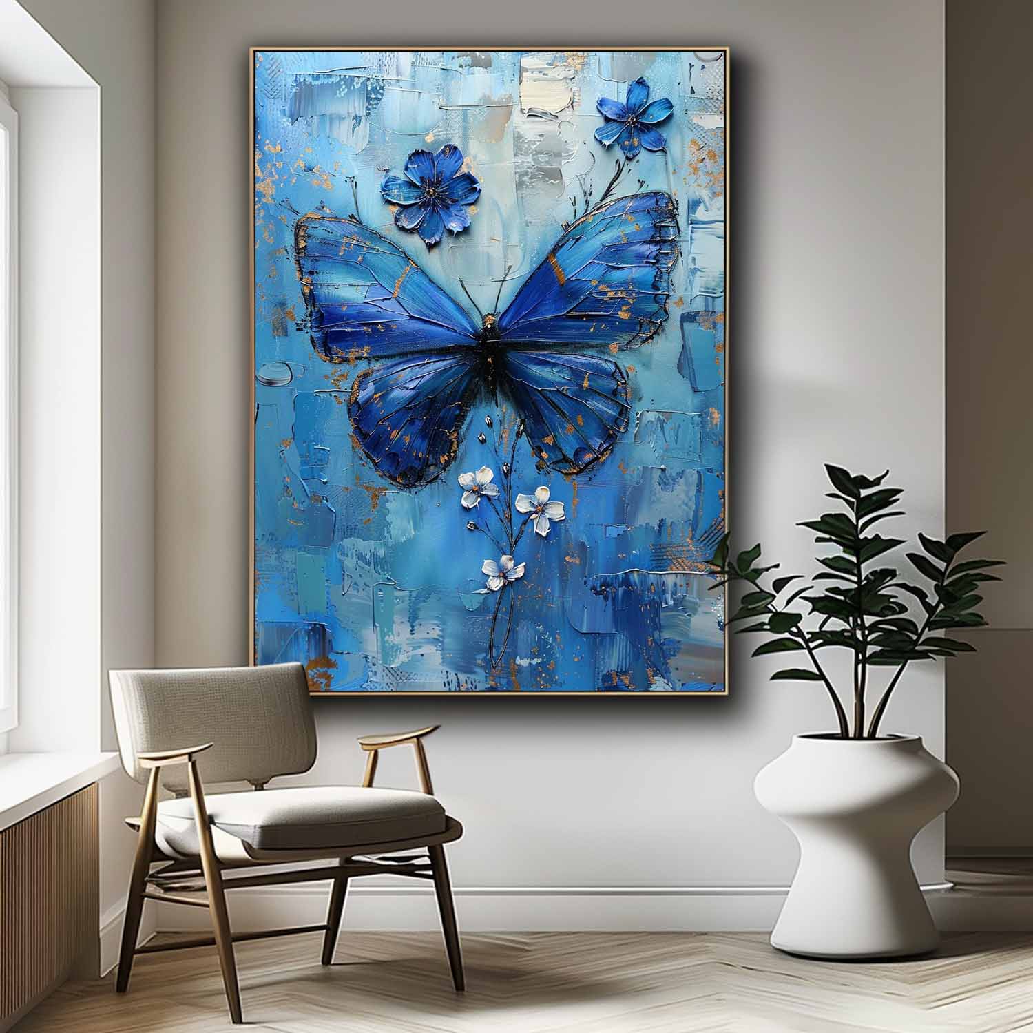 Original Artwork Impressionist Lovely Butterfly Wall Art Blue Oil Painting Modern Texture Oil Painting Framed