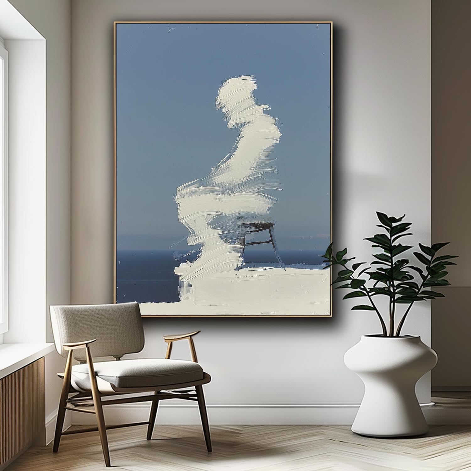 Cool Tones Original Abstract Wall Art Large Outline Acrylic Painting Figure Outline Painting Framed Artwork
