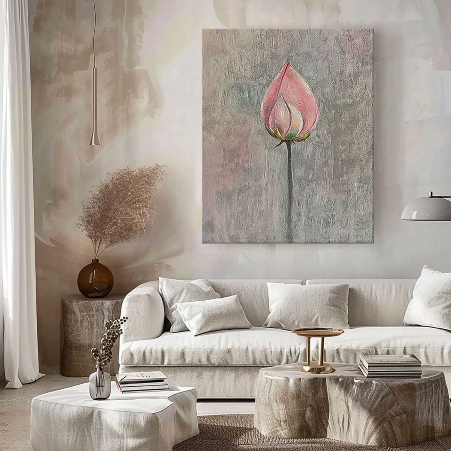 Lotus Bud Original Contemporary Flowers Artwork Abstract Grey And Pink Flower Oil Painting On Canvas