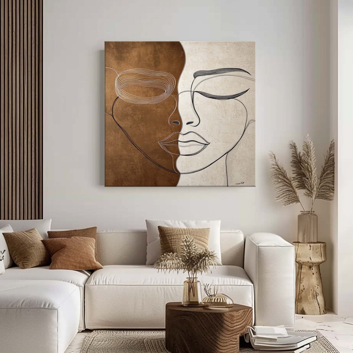 Lady Face Abstract Wall Art Square Original Wabi-sabi Minimalism Portrait Painting Canvas Large Artwork