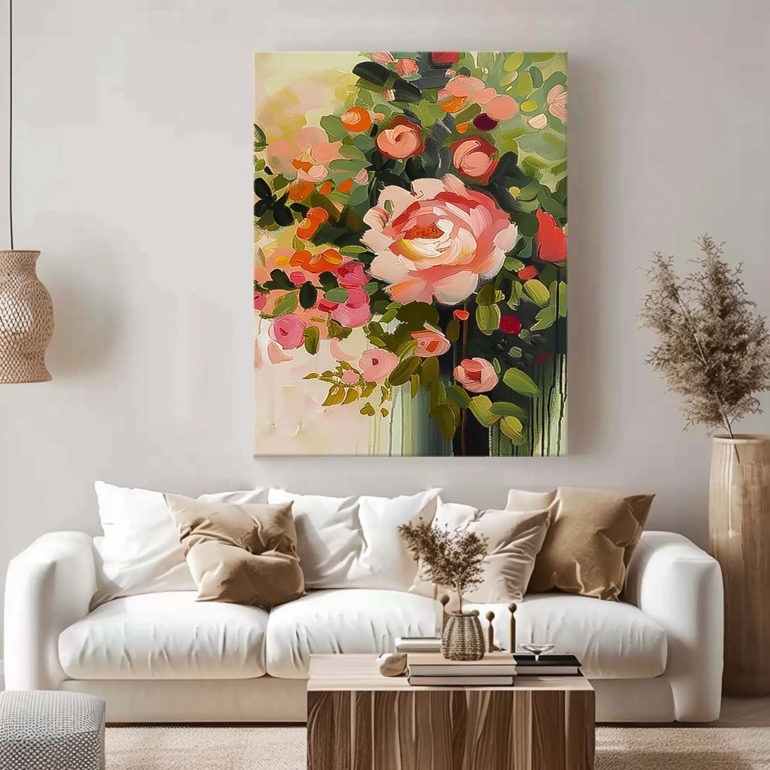 Original Pink Flower Wall Art Abstract Boho Modern Floral Acrylic Painting On Canvas Living Room Wall Decor