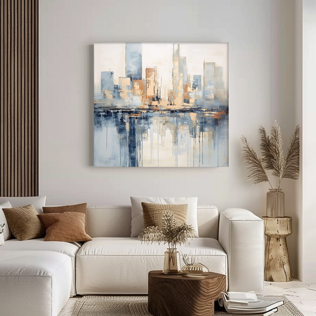 Modern Abstract Cityscape Oil Painting Large Texture Painting On Canvas Blue and Beige Wall Art Home Decor